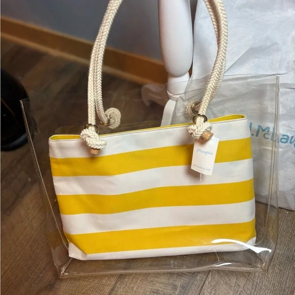 NWT J.McLaughlin Harper Clear Yellow Stripe Tote Stadium Beach Bag Rope - Picture 10 of 12